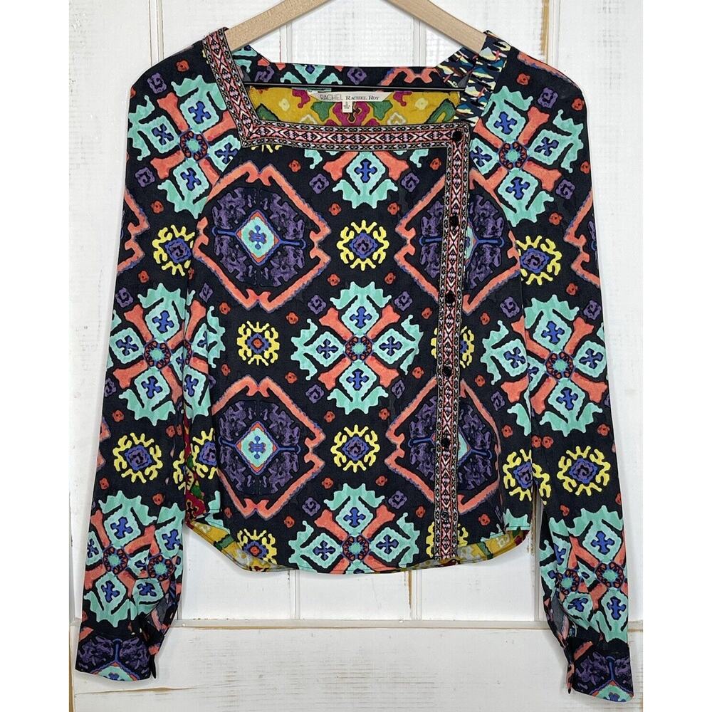 Rachel Roy Abstract Blouse Tribal Ikat Boho Long Sleeve Embroidered Top Size S